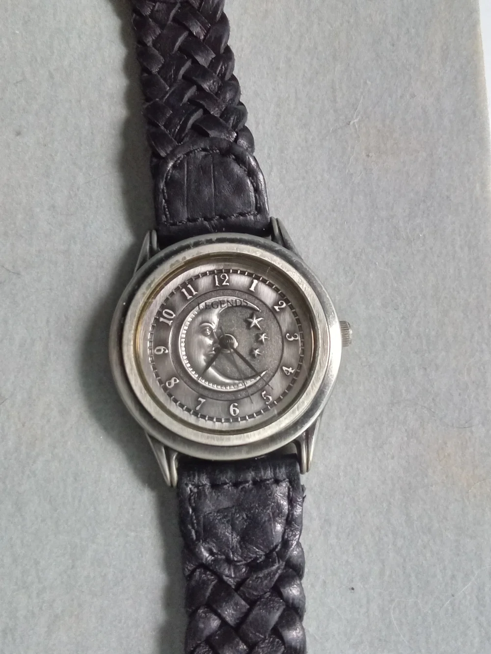 Legends Celestial Moon Face‎ Watch Silver Tone Braided Leather Strap 84-315